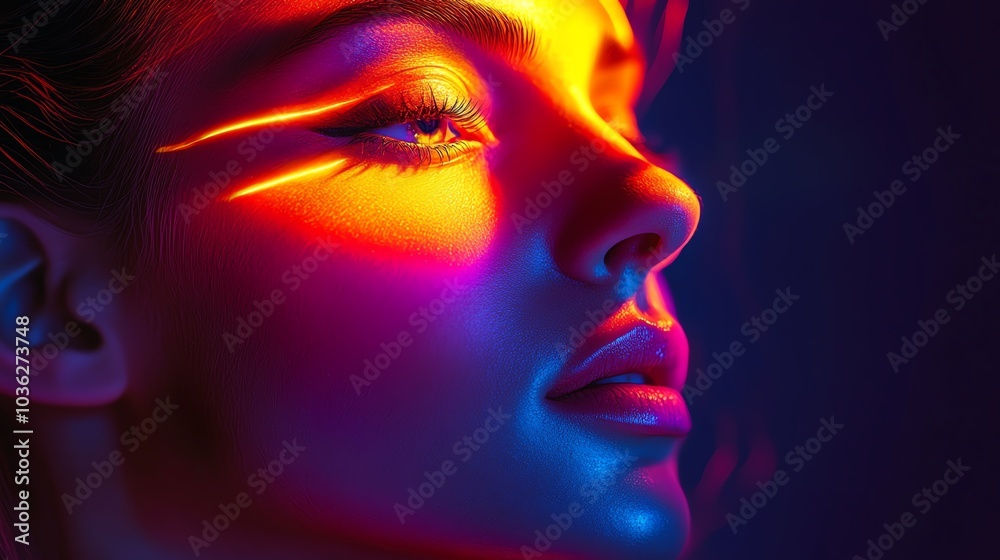 Close-up of a woman's face illuminated with colorful light patterns. Close-up of a woman's face illuminated with colorful light patterns.