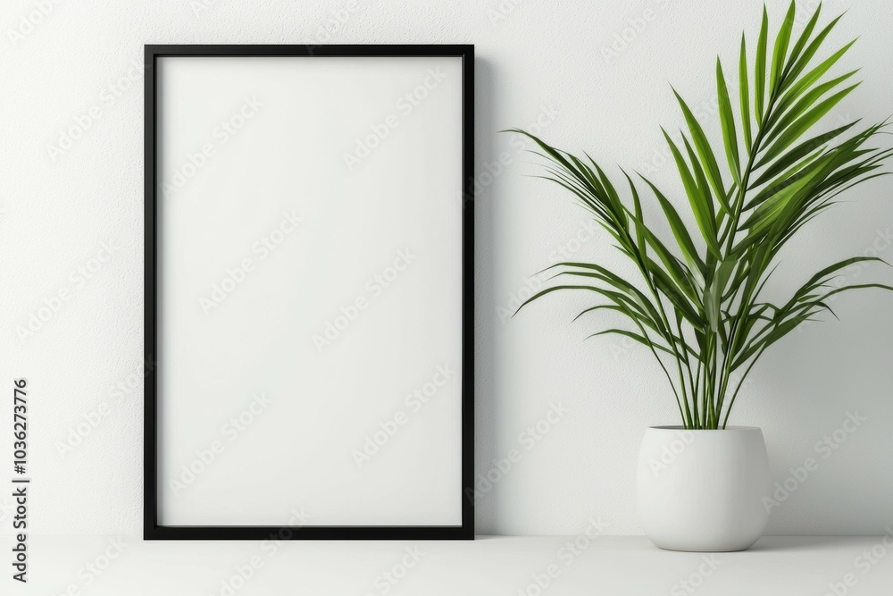 A black frame with a white background sits on a table next to a potted plant A black frame with a white background sits on a table next to a potted plant