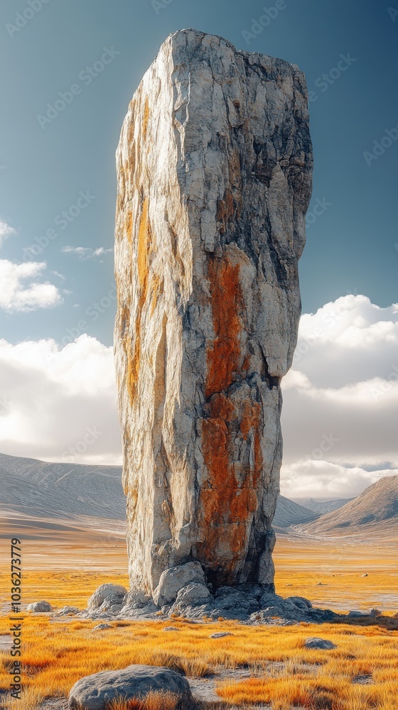 Obraz premium Lonely Stone Sentinel, a solitary rock formation rises from the barren desert, stark and majestic against the expansive arid landscape.