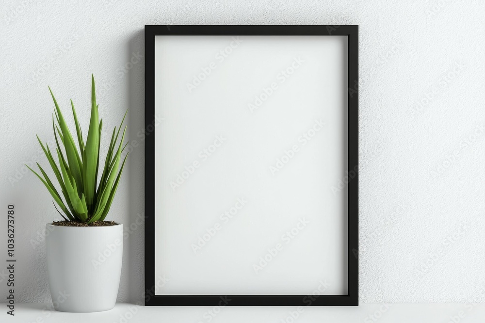 A black framed white picture sits on a white table next to a potted plant A black framed white picture sits on a white table next to a potted plant