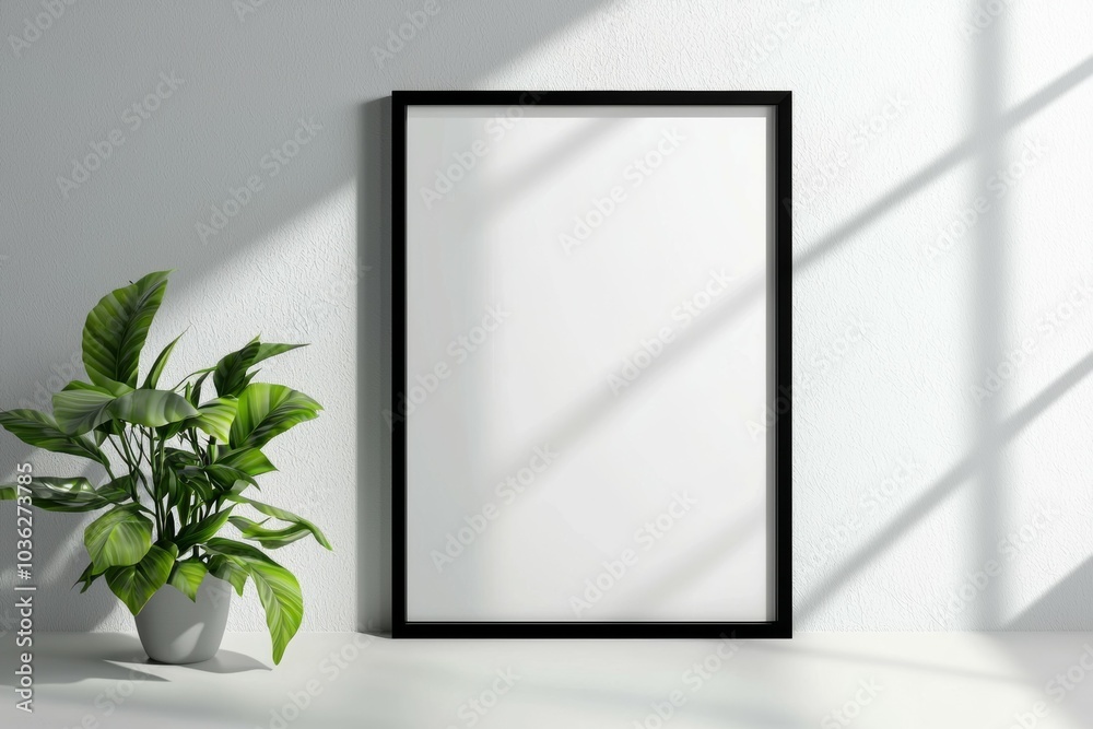 A black framed white poster sits on a white wall A black framed white poster sits on a white wall