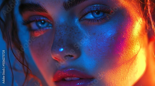 Close-up of a woman's face illuminated by colorful lights, showcasing vibrant features.