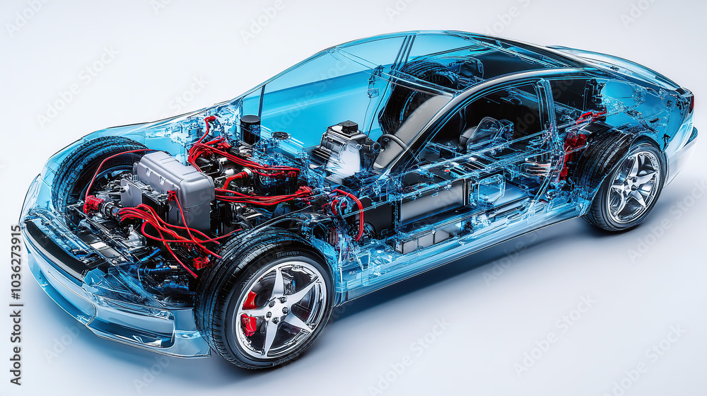 An exploded view of an electric car's engine, showing the various components such as the battery pack and motor inside its transparent shell An exploded view of an electric car's engine, showing the various components such as the battery pack and motor inside its transparent shell