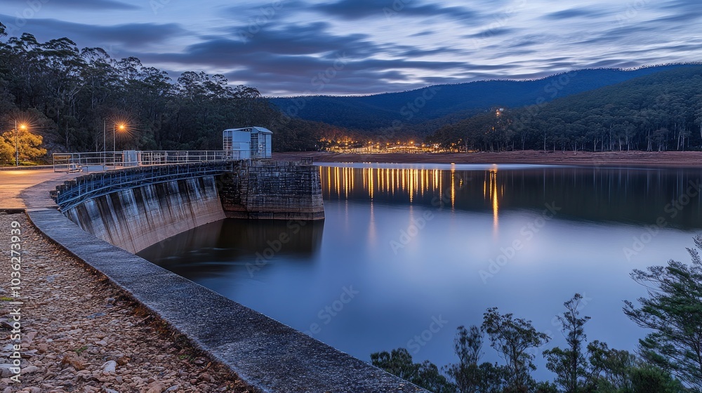 Naklejka premium Calm Waters at Dusk by the Dam