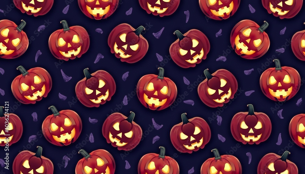 A spooky Halloween pattern with carved pumpkins A spooky Halloween pattern with carved pumpkins