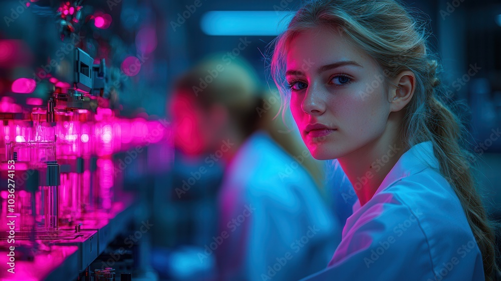 Scientist in Laboratory with Neon Lights Scientist in Laboratory with Neon Lights