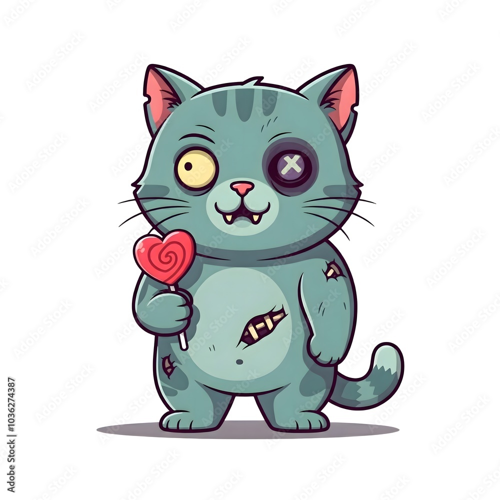 Whimsical zombie kitten holding a heart-shaped lollipop Whimsical zombie kitten holding a heart-shaped lollipop