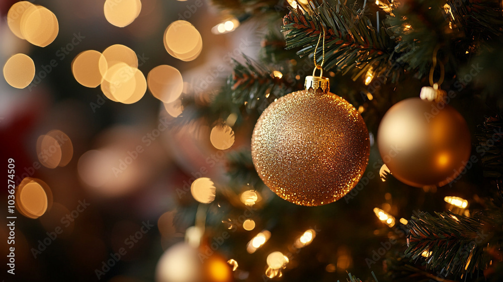 Sparkling golden ornaments hanging on a Christmas tree celebrating New Year's Eve festivities Sparkling golden ornaments hanging on a Christmas tree celebrating New Year's Eve festivities