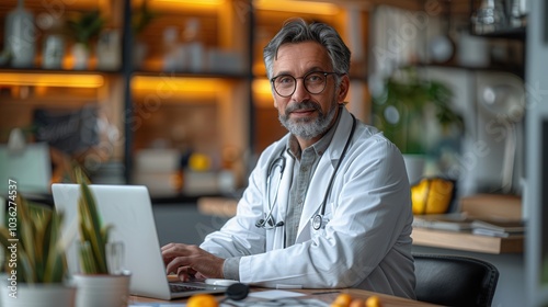 Doctor Working on Laptop in Modern Office Setting