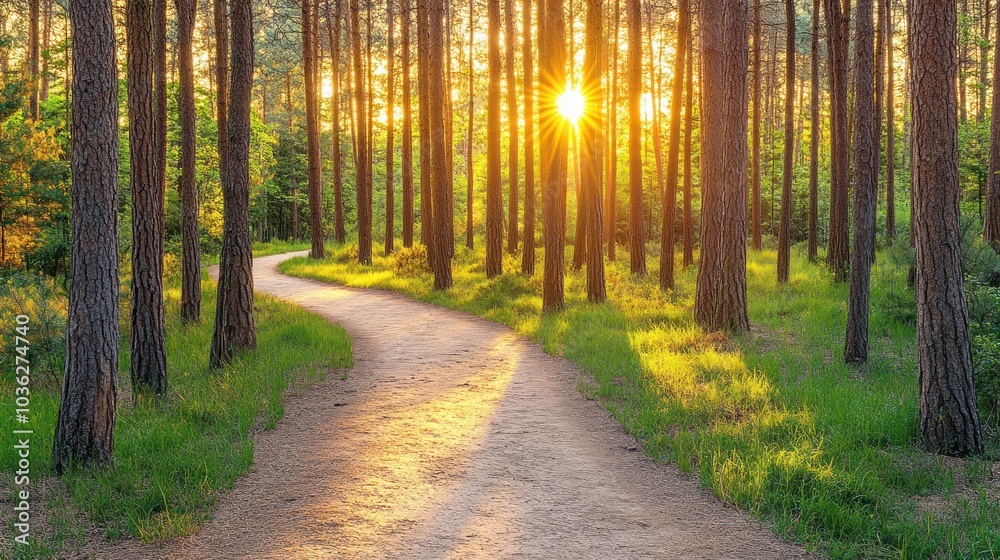 Fototapeta premium A winding path through a forest with the sun setting in the distance. The sun's rays shine through the trees and create a golden glow.