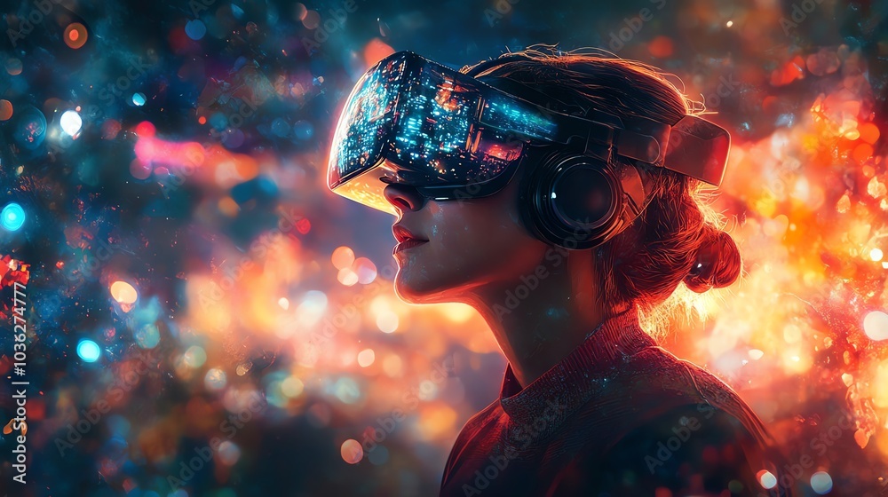 Young woman using VR headset with colorful light effects around her. Young woman using VR headset with colorful light effects around her.