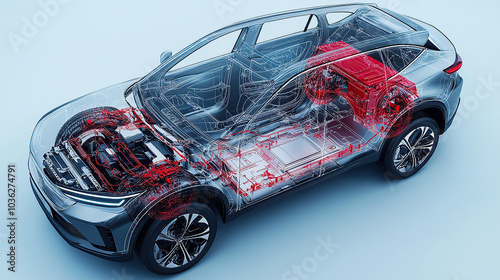 An exploded view of an electric car's engine, showing the various components such as the battery pack and motor inside its transparent shell