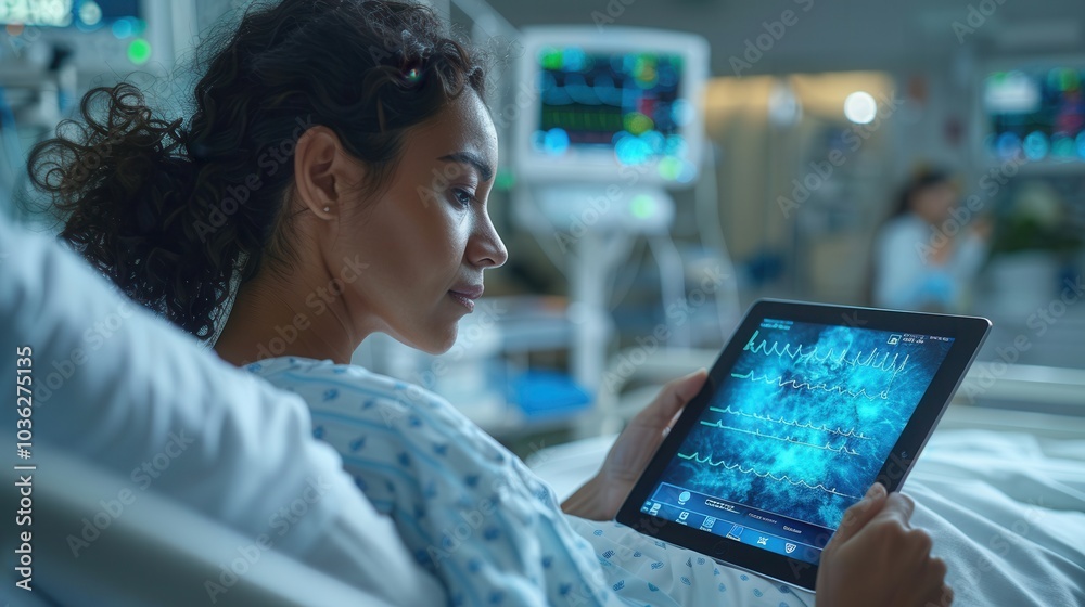 Patient Monitoring Health Data on Tablet in Hospital Room Patient Monitoring Health Data on Tablet in Hospital Room