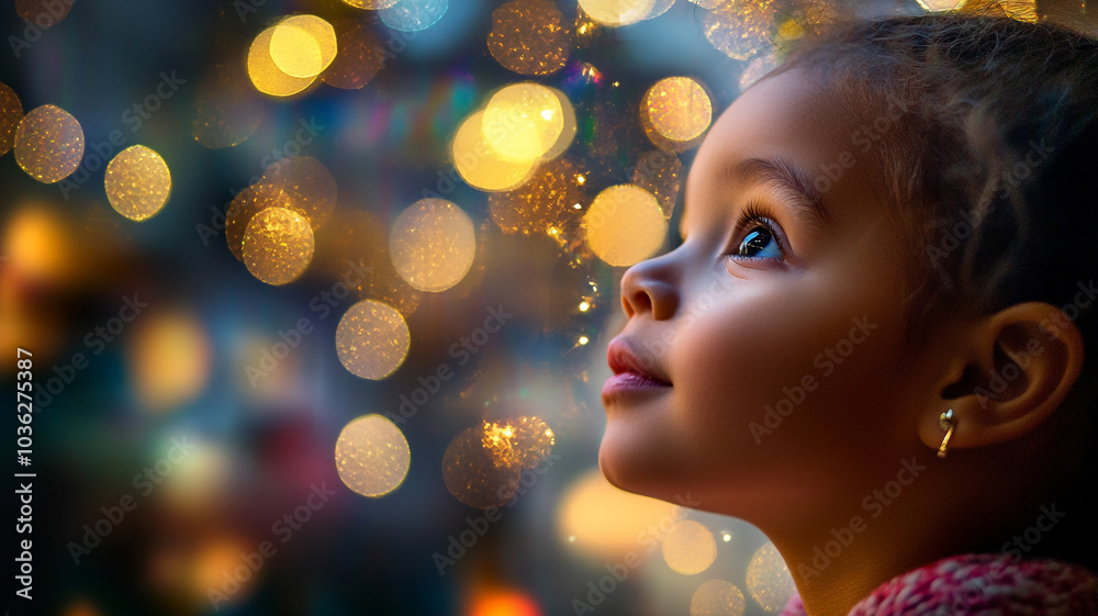 A young girl gazing at New Year’s Eve festivities illuminated by sparkling lights and fireworks A young girl gazing at New Year’s Eve festivities illuminated by sparkling lights and fireworks