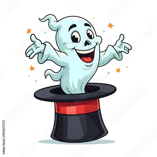 Cheerful Cartoon Ghost Popping Out of a Magician's Hat photo