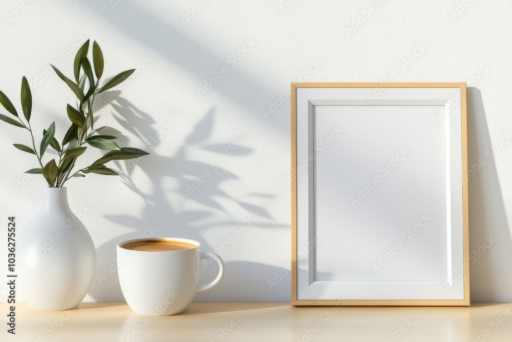 A minimalist workspace featuring a coffee cup, plant, and empty frame in natural light A minimalist workspace featuring a coffee cup, plant, and empty frame in natural light