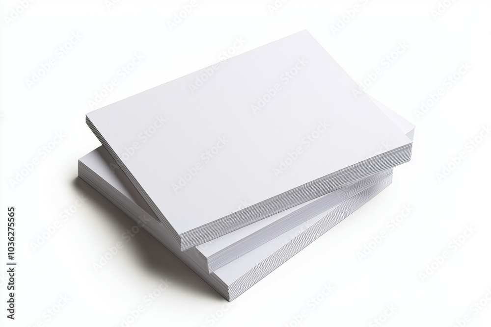Stacks of blank white paper arranged neatly on a clean surface in a bright, minimalistic setting Stacks of blank white paper arranged neatly on a clean surface in a bright, minimalistic setting