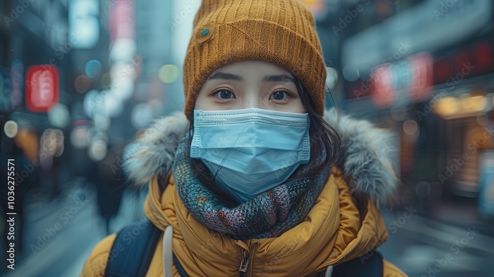 Young woman in winter attire wearing a medical mask