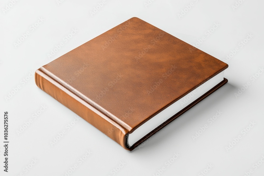A stylish brown leather-bound book resting on a minimalist white surface with a clean and modern aesthetic A stylish brown leather-bound book resting on a minimalist white surface with a clean and modern aesthetic