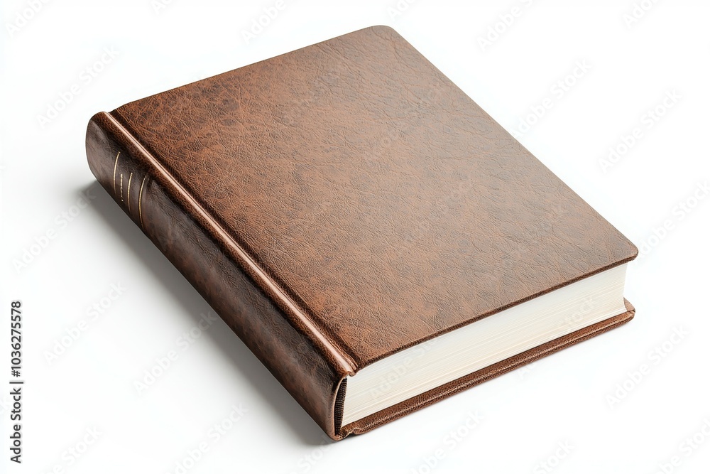 A classic brown leather-bound book resting on a white surface in a minimalist setting A classic brown leather-bound book resting on a white surface in a minimalist setting