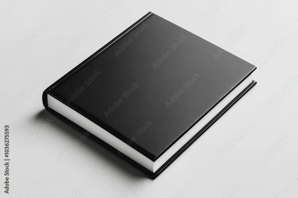 A minimalist black hardcover book lies flat on a white surface, showcasing a sleek and modern design A minimalist black hardcover book lies flat on a white surface, showcasing a sleek and modern design