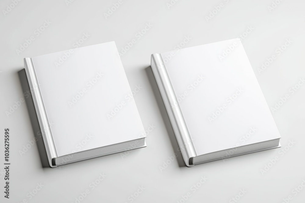 Two blank hardcover books positioned side by side on a clean white surface in a minimalist setting Two blank hardcover books positioned side by side on a clean white surface in a minimalist setting