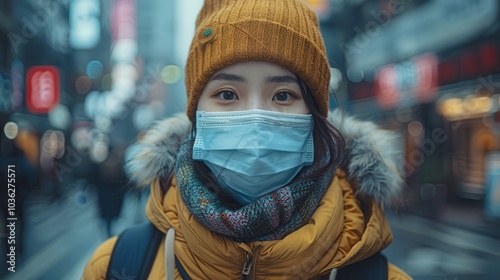 Wallpaper Mural Young woman in winter attire wearing a medical mask Torontodigital.ca
