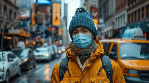 Young man in mask on busy city street in winter