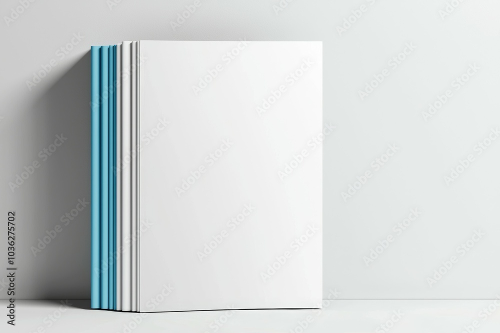 Stack of blank notebooks in light blue and white colors against a minimalist backdrop in a modern office setting