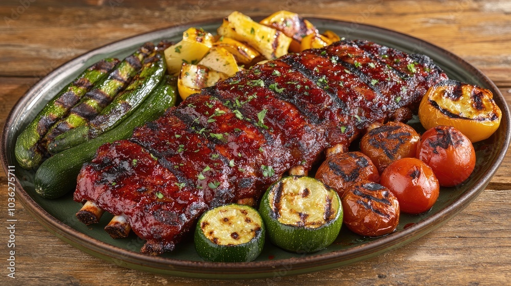 Grilled Ribs with Colorful Vegetables on Platter