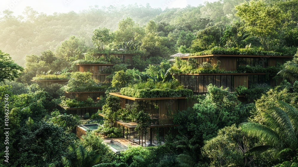 Fototapeta premium A lush forest restored through reforestation programs, absorbing CO2 from the air, surrounded by eco-friendly communities
