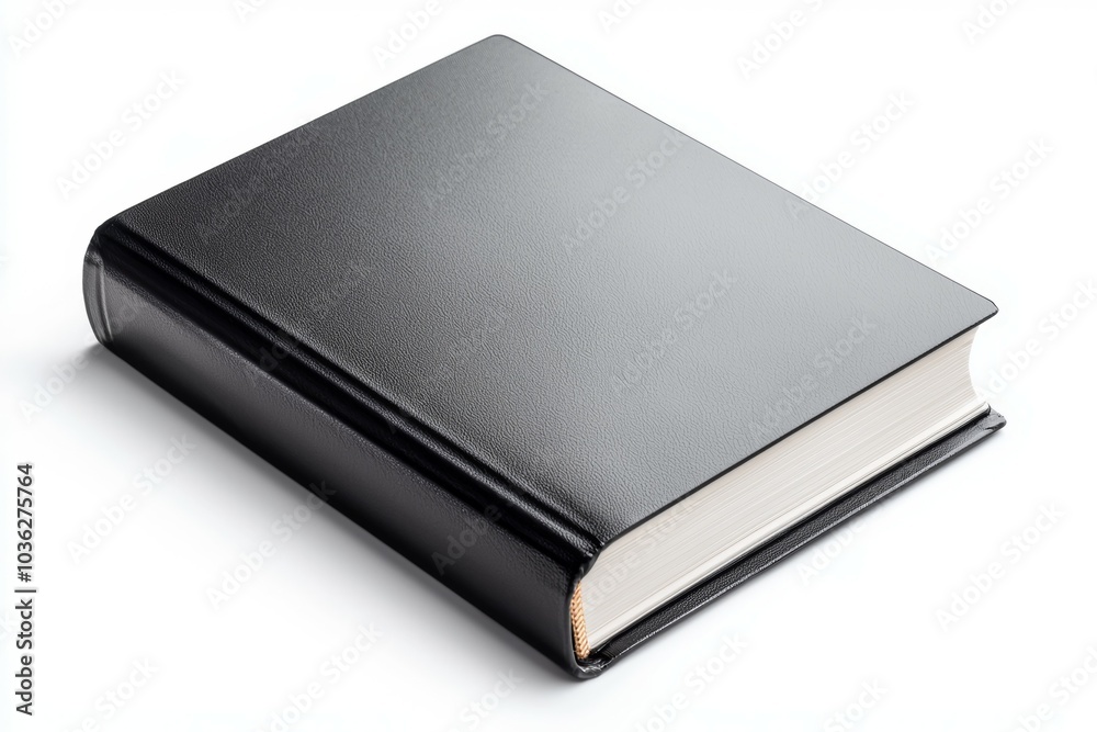 A sleek black leather-bound book resting on a white background, showcasing its minimalist design and sturdy spine A sleek black leather-bound book resting on a white background, showcasing its minimalist design and sturdy spine