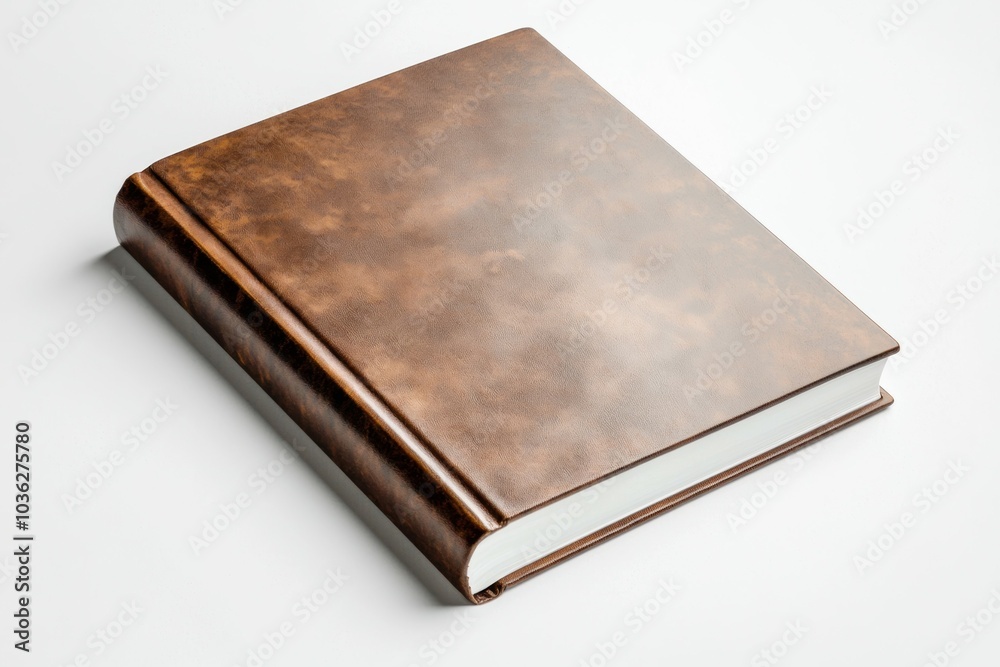 A classic brown leather-bound book resting on a clean, white surface, showcasing its timeless design and texture A classic brown leather-bound book resting on a clean, white surface, showcasing its timeless design and texture