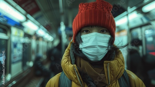 Person in Mask Riding Subway Train in Winter Outfit