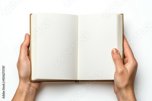 Hands holding an empty notebook with blank pages ready for thoughts and creativity in a minimalist setting