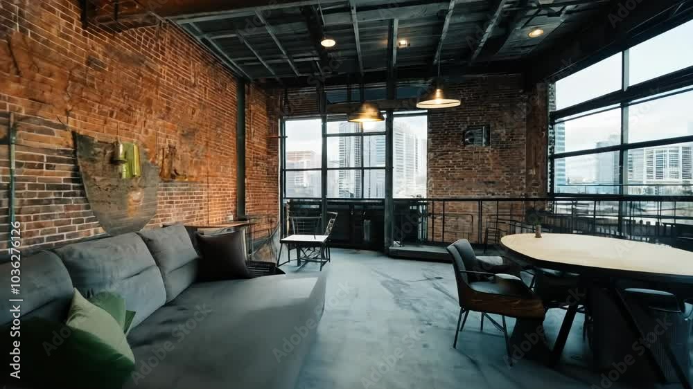 Urban loft with exposed brick and industrial decor. Video Urban loft with exposed brick and industrial decor. Video