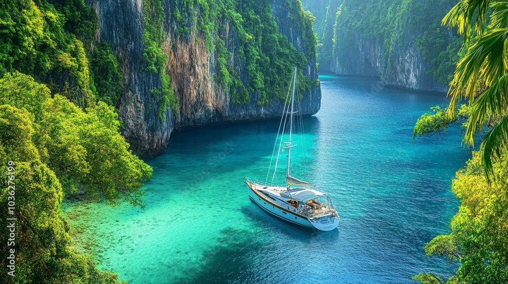 A luxury sailboat anchored in a quiet cove, with the surrounding cliffs and clear waters creating an idyllic, tropical escape. A luxury sailboat anchored in a quiet cove, with the surrounding cliffs and clear waters creating an idyllic, tropical escape.