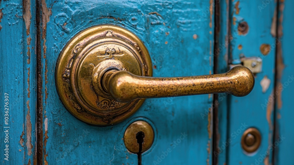 Ornate Brass Door Handle on a Weathered Blue Door Ornate Brass Door Handle on a Weathered Blue Door