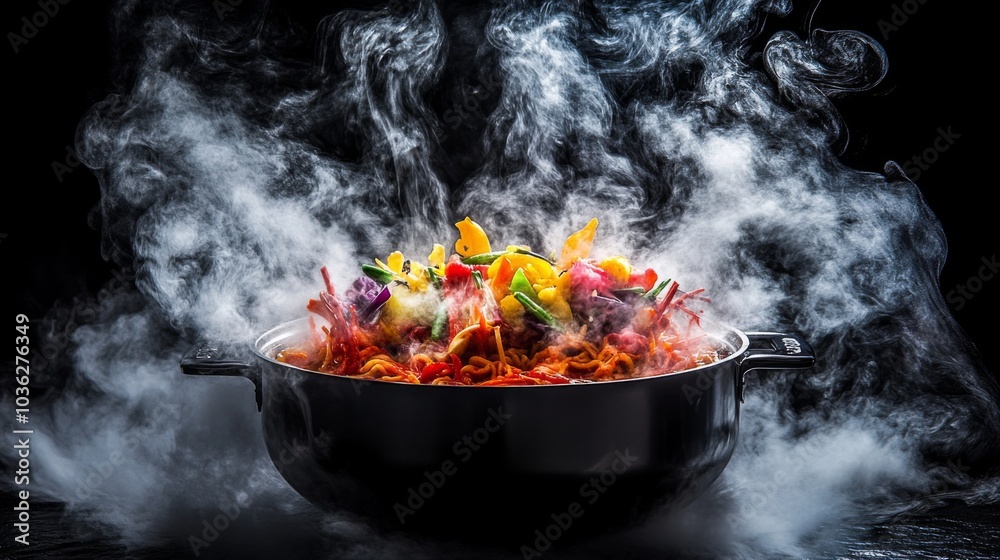 Vibrant Dish with Colorful Vegetables and Steam Vibrant Dish with Colorful Vegetables and Steam