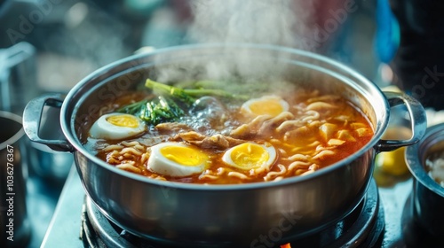 Delicious Hot Soup with Soft-Boiled Eggs and Greens