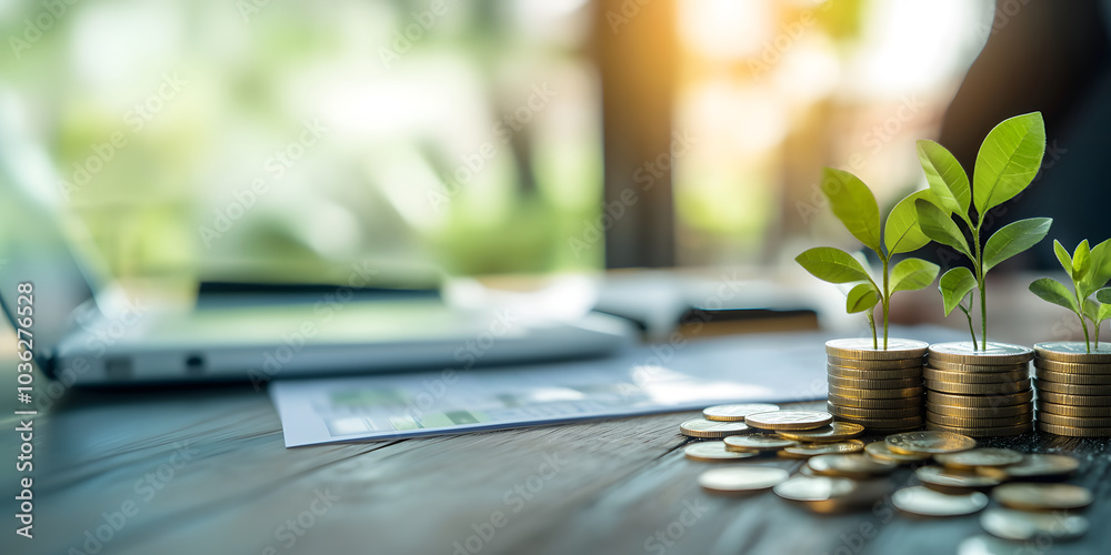 seedlings growing on a pile of coins on the table. plants on stacks of coins. ideas for saving money and economic growth. money growth concept seedlings growing on a pile of coins on the table. plants on stacks of coins. ideas for saving money and economic growth. money growth concept