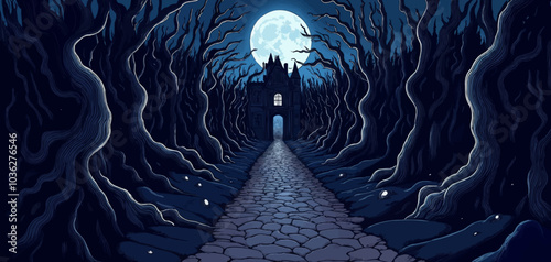 Artistic Haunted Forest at Midnight illustration background. Halloween themed horror background Comic style vector landscape design