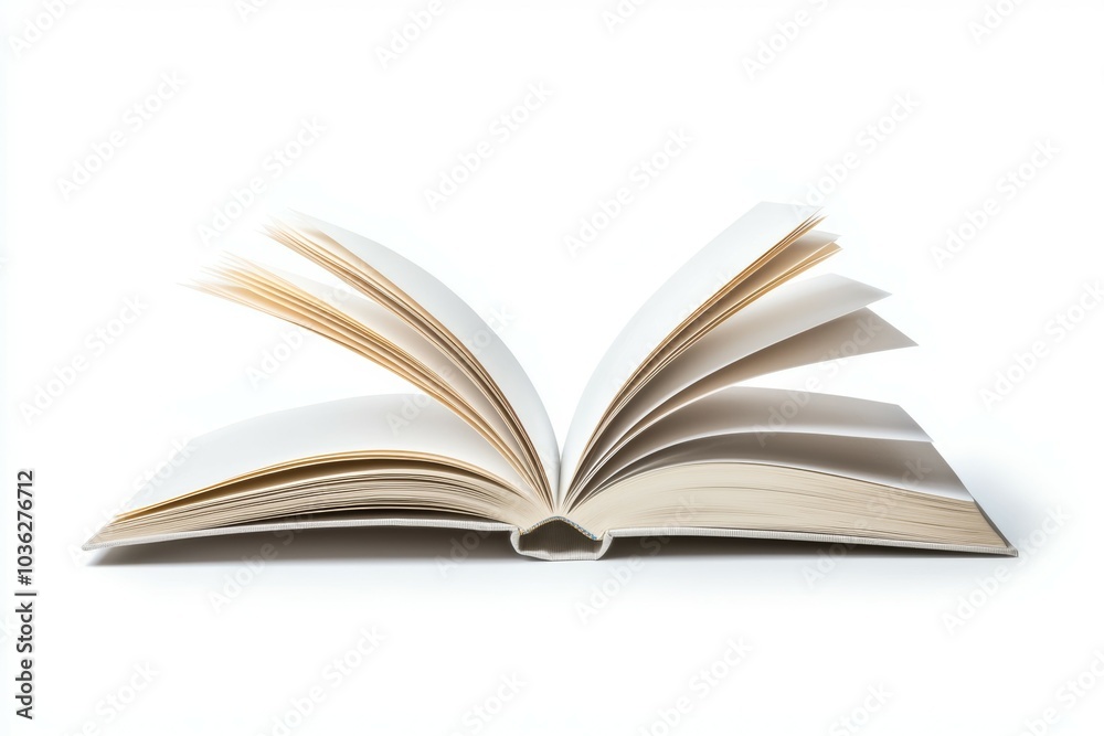 An open book with blank pages resting on a white surface showcasing its elegant spine and texture An open book with blank pages resting on a white surface showcasing its elegant spine and texture