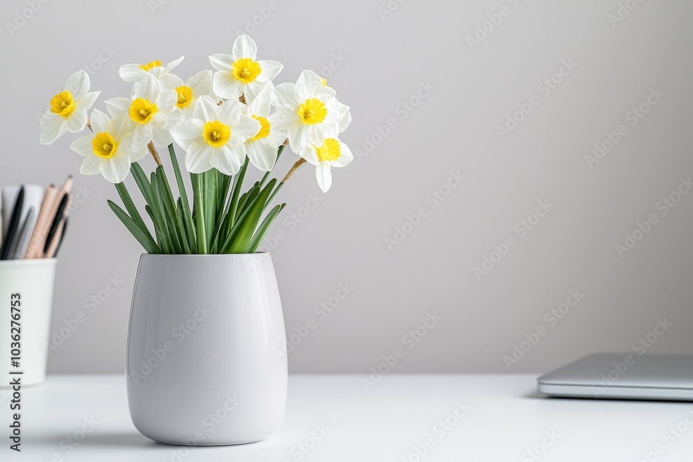 Bright and cheerful daffodils in a minimalist vase on a desk with stationery and laptop in a modern workspace Bright and cheerful daffodils in a minimalist vase on a desk with stationery and laptop in a modern workspace