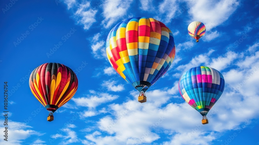 Obraz premium Four colorful hot air balloons float in a clear blue sky with white clouds.