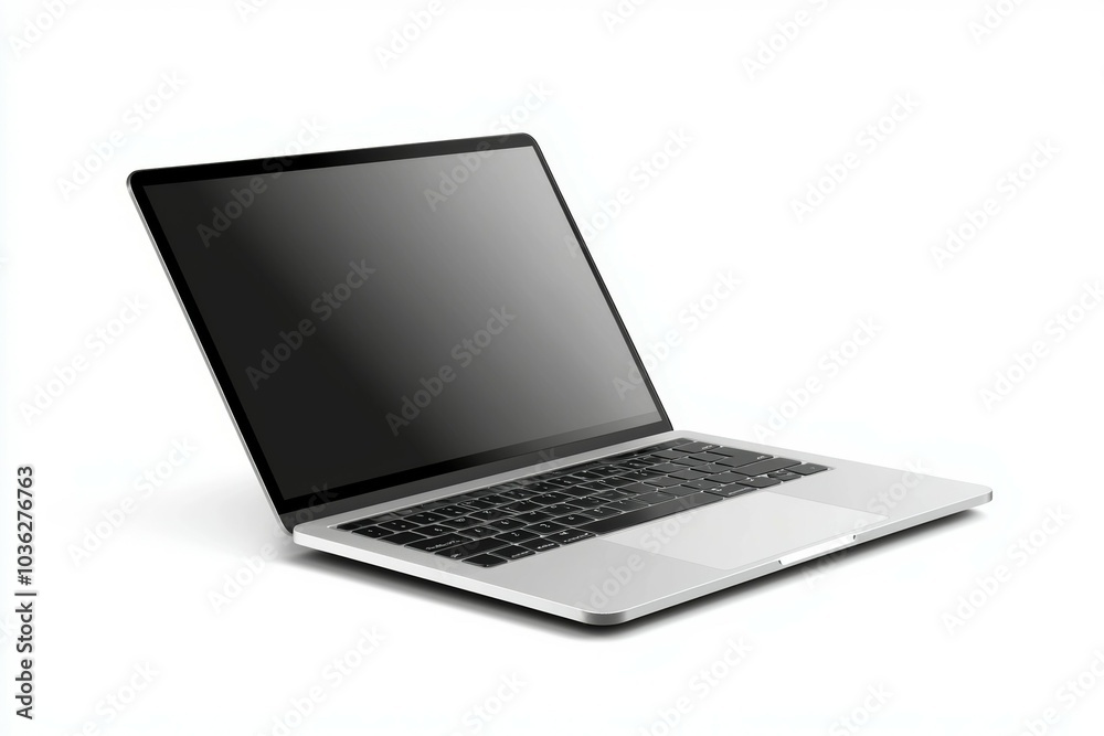 Sleek silver laptop positioned on a plain white background with a blank screen ready for use Sleek silver laptop positioned on a plain white background with a blank screen ready for use