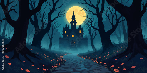 Artistic Haunted Forest at Midnight illustration background. Halloween themed horror background vector landscape design