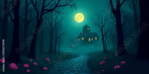 Artistic Haunted Forest at Midnight illustration background. Halloween themed horror background vector landscape design