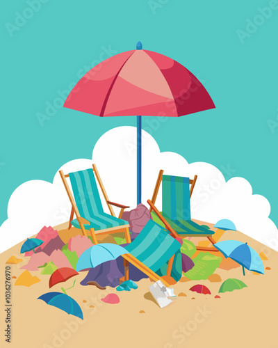 Beach chairs and umbrellas are buried under piles of trash rendering them useless and unappealing to beachgoers.. Vector illustration