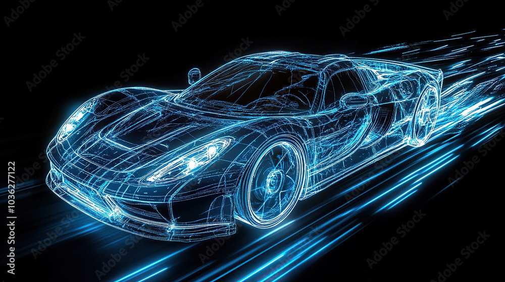 This is a wire-frame hologram of a car with blue light flashing on a black background